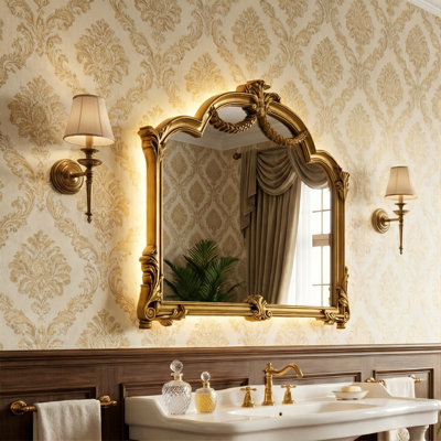 Aggarwal mural 35 po avec arche de réveil baroque 35 po avec rétroéclairage à DEL, cadre en polyuréthane doré orné, manteau de cheminée vintage Aggarwal