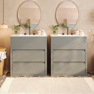 Ensemble de meuble-lavabo double avec tiroirs pleine extension, glissières à fermeture en douceur et matériaux de haute qualité pour une fonctionnalité de salle de bain améliorée