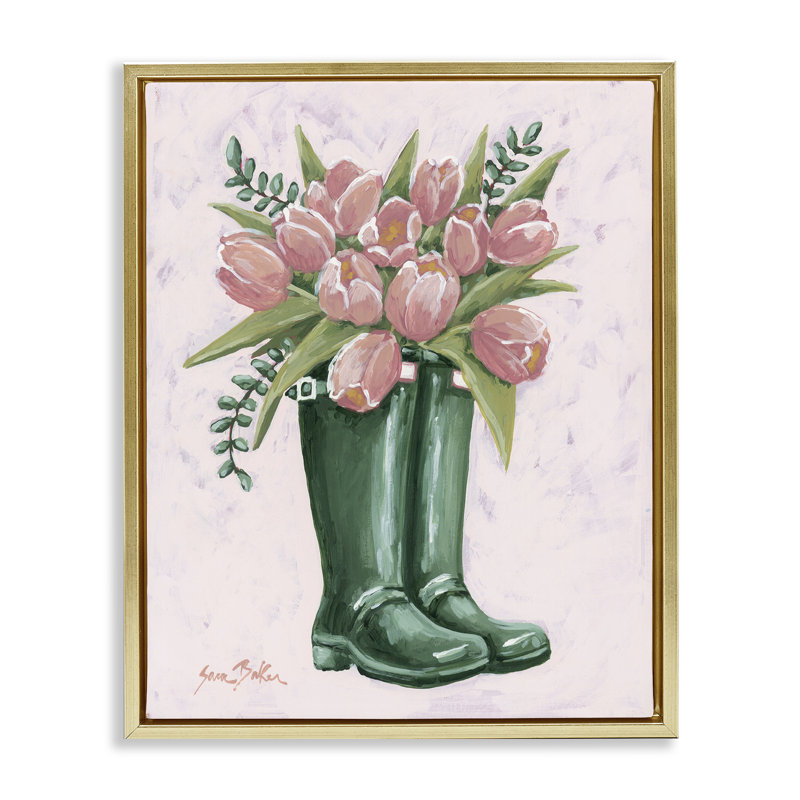 Cadre flottant rose avec tulipes roses, design par Sara Baker, H 31 po x l 25 po, Cadre flottant métallique doré