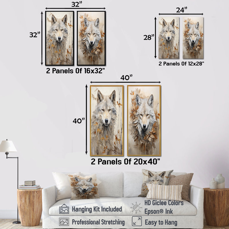 Minimalisme beige loup Expression - ensemble de salon mural loup, H 28 po x l 25 po, Toile tendue
