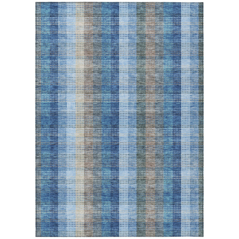 Tapis extérieur lavable à carreaux bleu ciel et beige 5 pi x 8 pi