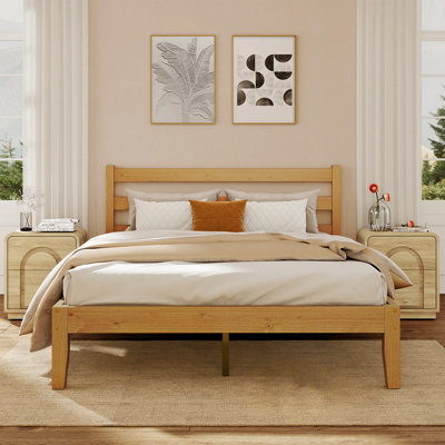 Mid-Century Solid Wood Platform Bed with Headboard, Modern Bed Frame with Quiet & Sturdy Support - No Box Spring Needed