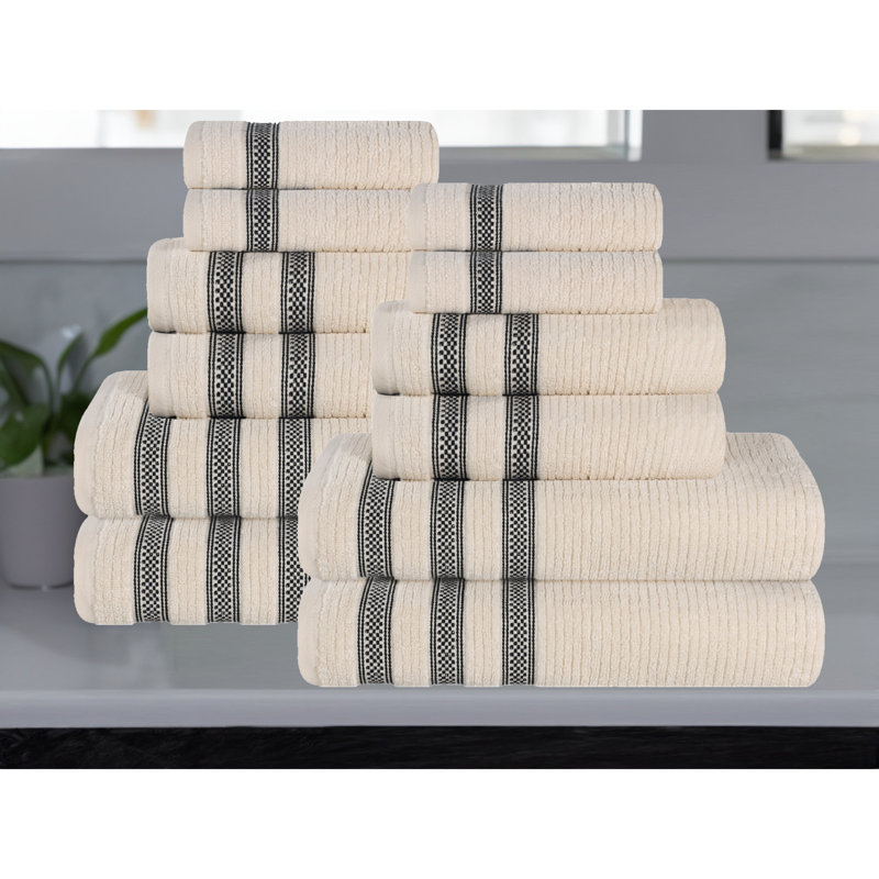 Ensemble de serviettes de bain 12 pièces à bordure géométrique en coton doux et très absorbant Orletta, Ivoire