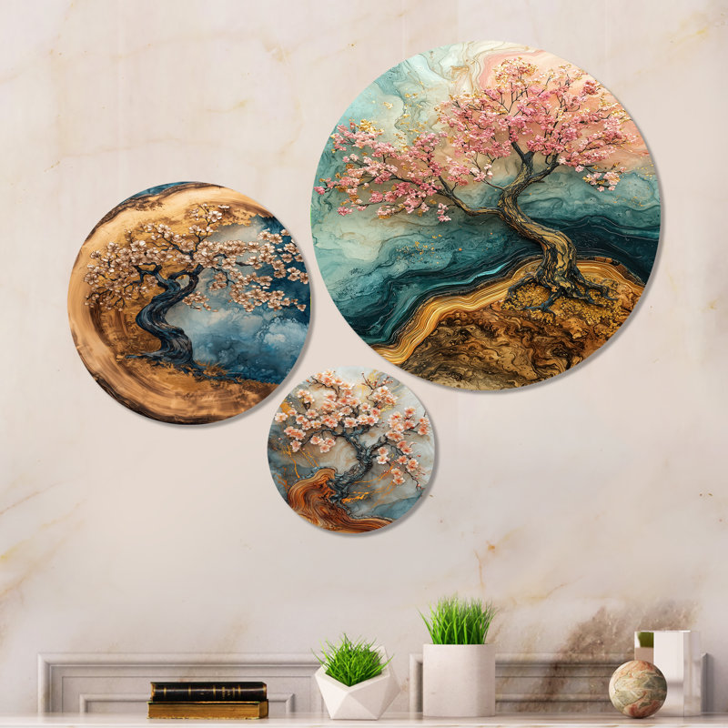 «Golden Cherry Blossom Tree Garden of Ephemeral Beauty I - Pink Cherry Blossom», art mural en métal 3 pièces