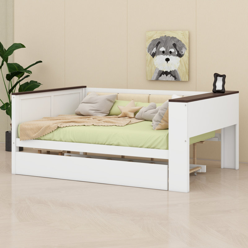 Wood Daybed With Storage Shelves, Upholstered Backrest,USB And Trundle, Full