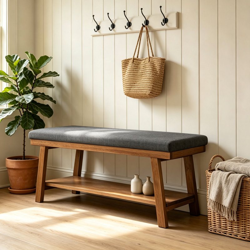 Banc de rangement moderne l 43,5 po avec tablette inférieure pour la chambre à coucher, le vestibule ou le salon, Gris foncé