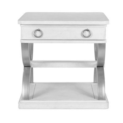 Table de bout à 1 tiroir en métal Point Breeze - blanc frais avec finition glacis gris doux