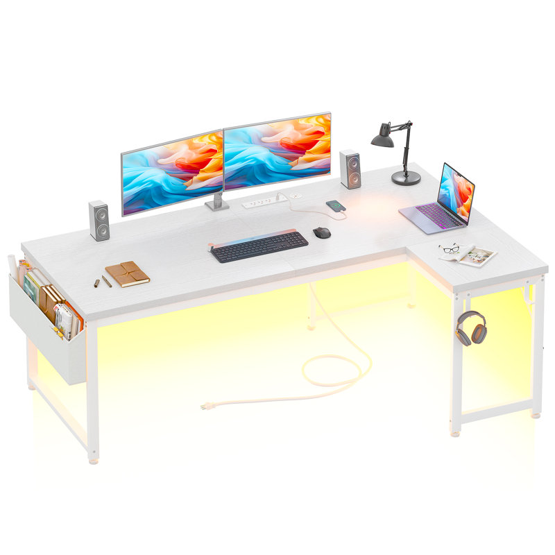 Bureau d'ordinateur en L robuste avec bureau de 2,4 cm d'épaisseur et lumières DEL, 63"L, Blanc