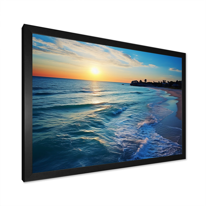 Tranquil Shores Sunset Beach Horizon V - Art mural plage, Cadre d'angle fermé noir, H 12 po x l 20 po x P 1 po