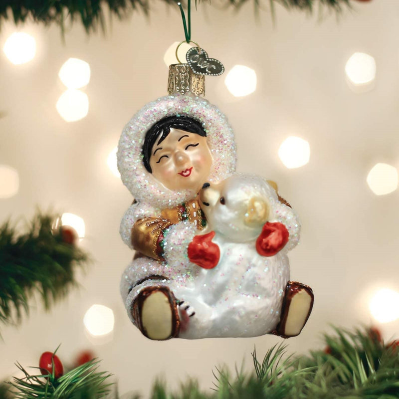 Hand-Painted Glass Inuit and Dog Christmas Ornament