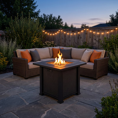 Modern Outdoor Fire Pit Table with Lava Rocks & Lid