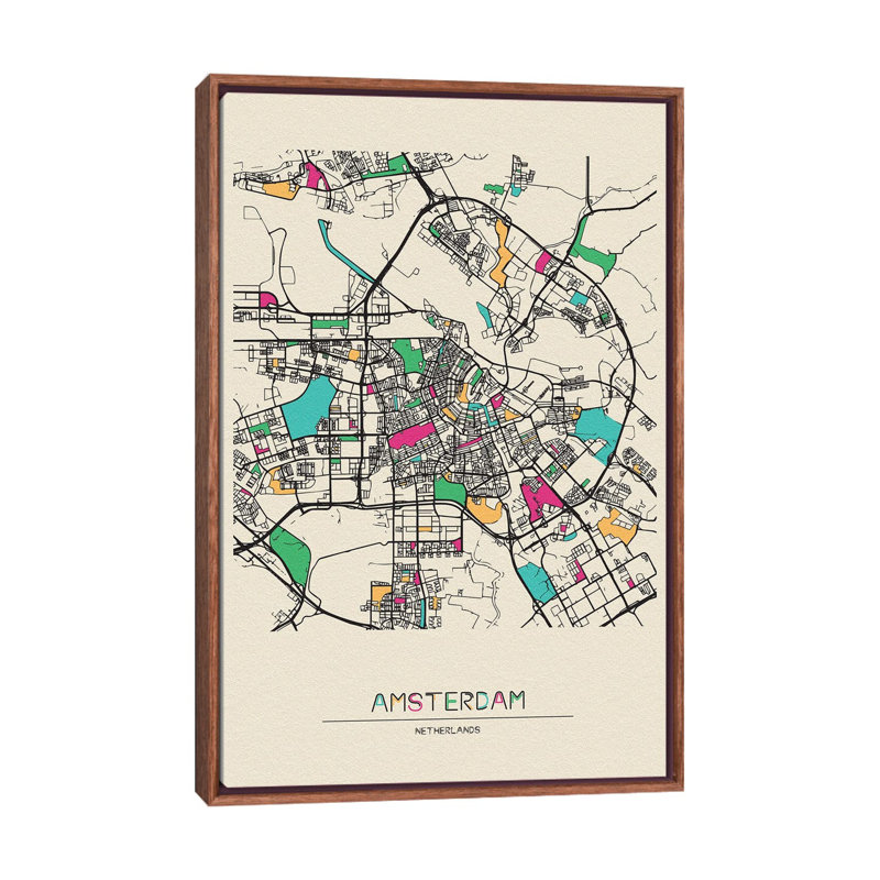 Amsterdam, Netherlands Map by Ayse Deniz Akerman - Print on Canvas, 101.6 cm H x 66.04 cm W, Brown Floater Frame