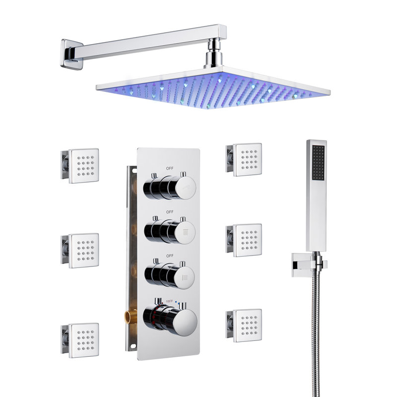 12 Inch Chrome LED Wall Mounted Rain Shower System with Handheld and Body Jets