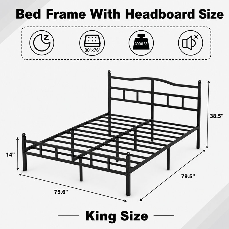 Metal Bed Frame With Headboard, King