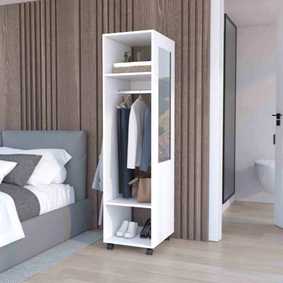 Hauteur de 63 po avec miroir, trois tablettes, roulettes et tringle, armoire, rangement pour vêtements de chambre