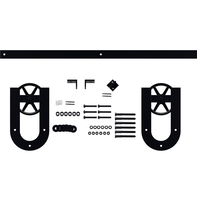 Ensemble de quincaillerie de porte de grange simple standard Premium Wagon Wheel Horseshoe, Gris foncé, 84 po