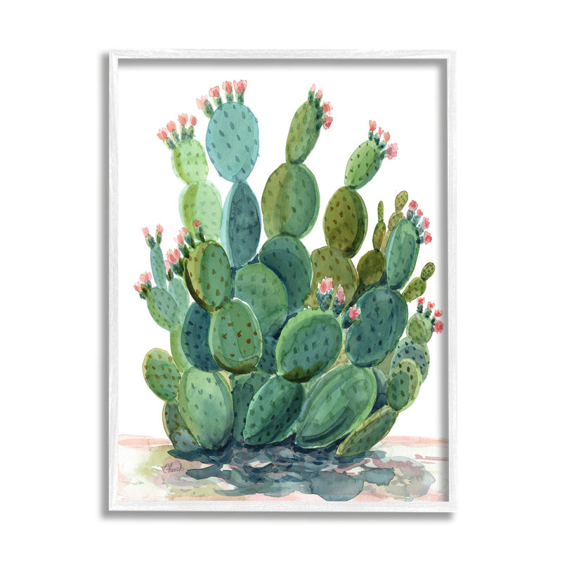 «Botanical Desert Prickly Pear Cactus» par Cherish Flieder - cadre flottant, impression sur bois