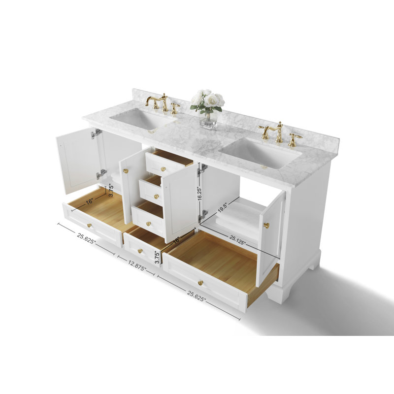 Audrey 72'' W Double Vanity, White, Carrara White, Gold