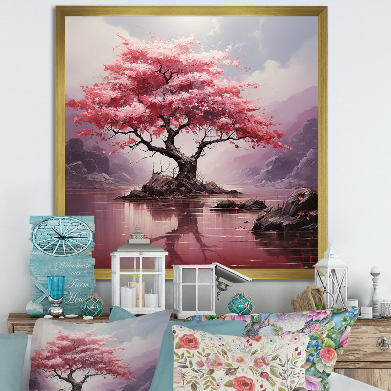 Cerisier rose en fleurs dans la rivière II - Art mural cerisier en fleurs, Or, H 30 po x l 30 po