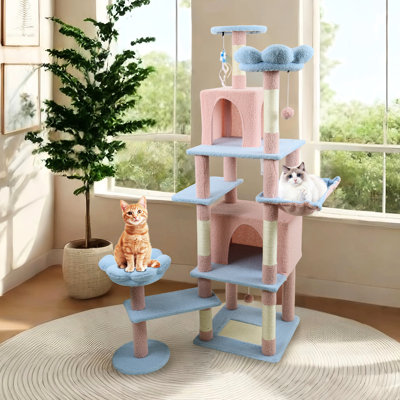 Blue 71 - Inch Cat Tree With Flower Feature, Large , Removable Cushion And , Charming For Cats' , 8 Level Climbing, Wide Scratching Options Tree, Enchanting Floral Look, 72" Tall Multi Horizontal