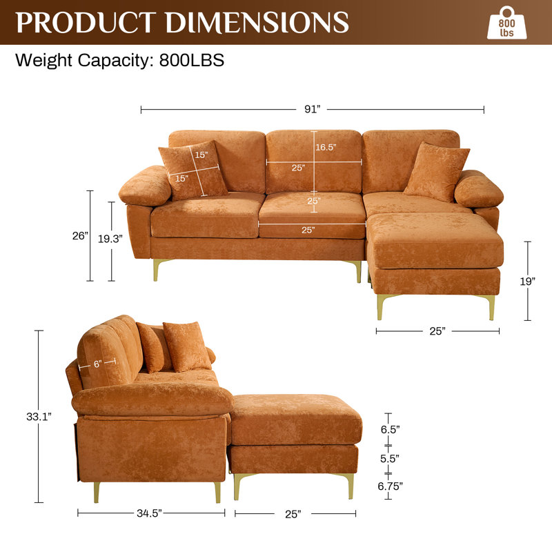 Canapé modulaire en forme de L de 91 pouces avec pieds en métal et velours flocon de neige, Polyester orange