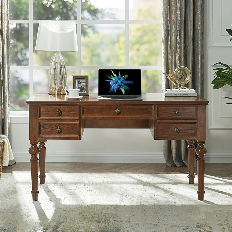 Bureau rectangulaire en bois massif foncé avec 5 tiroirs, H 30,71 po x l 54,92 po x P 27,56 po