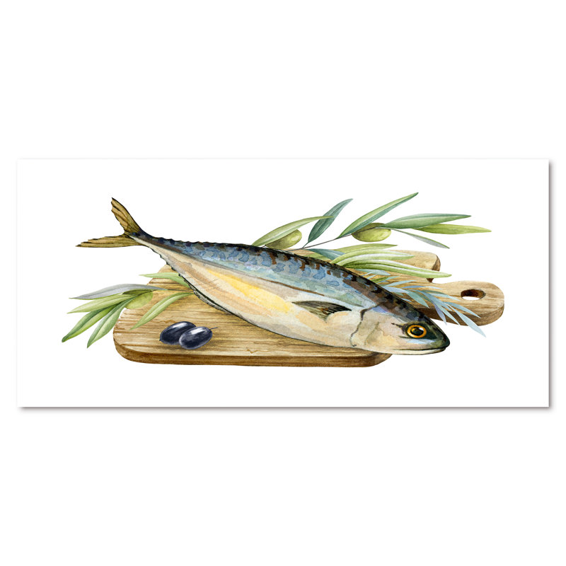 Poisson de mer avec herbes et branche d'olivier - Peinture sur toile, H 28 po x l 60 po, Toile tendue