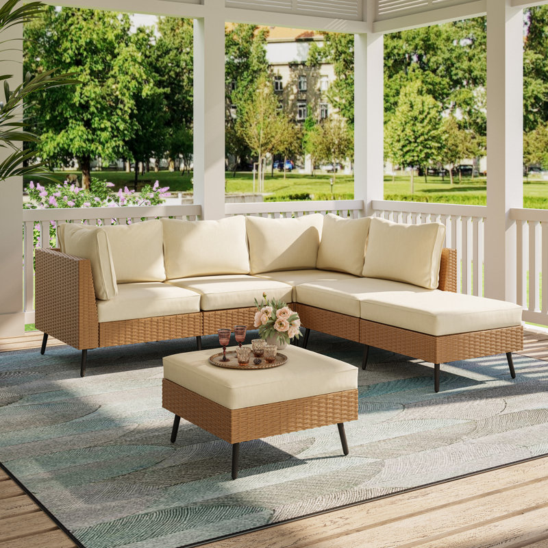 6 Pieces Sectional Seating Group With Cushions, White Cushion/Brown Frame