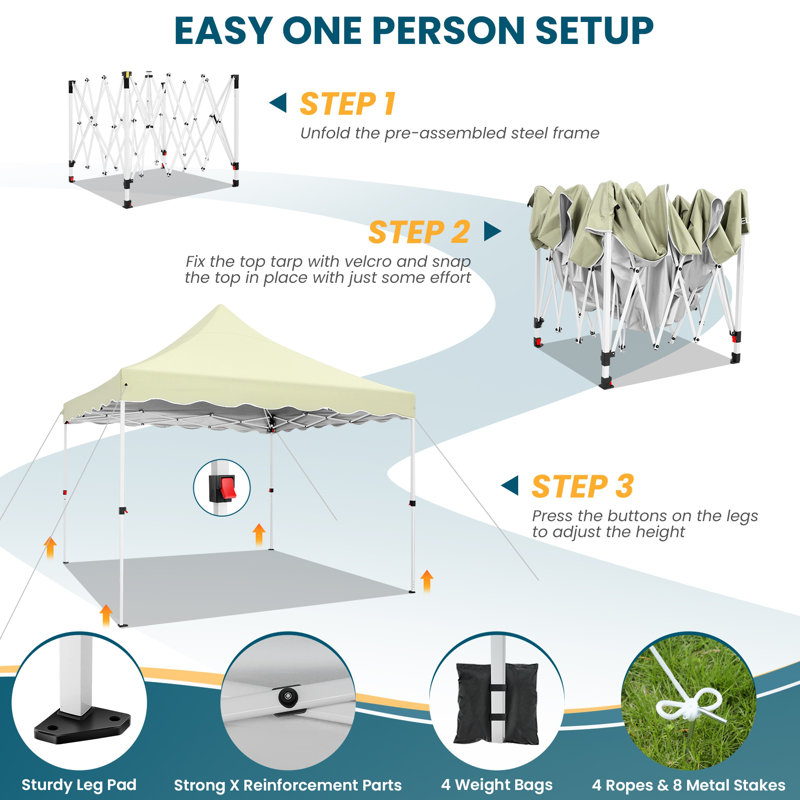 10'x10' Pop Up Canopy Wavy edge tent with One Person Set Up Center Lock and Storage bag, Khaki