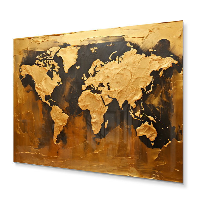 "Carte du monde en noir et or" sur métal, H 24 po x l 32 po x P 1 po