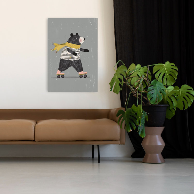 Whimsical Roller Skating Bear Playful Whimsical Abstract Bear Winter Landscape Wall Art Print by Mathieu - Wrapped Canvas Print