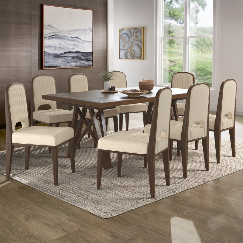 Brogdon Wood Finish 72"-90" Extendable Dining Set, Dining Table With Leaf And Cream Fabric Chairs, Walnut