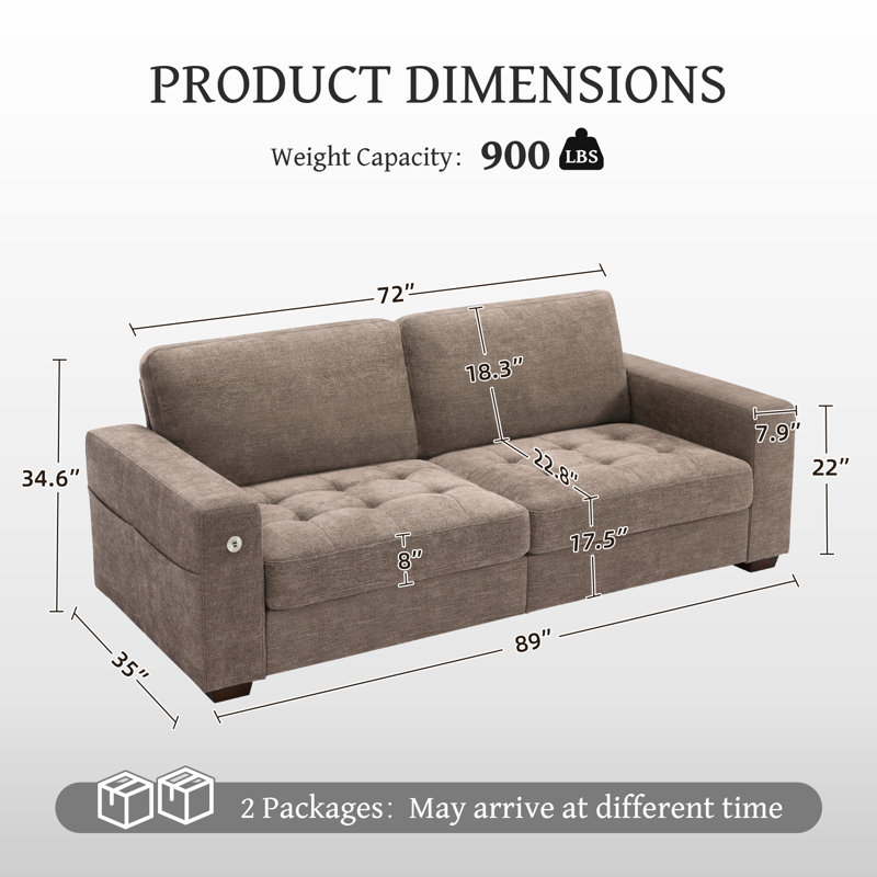 Yakina 89'' Upholstered Modern Chenille Sofa with Storage Pockets Couches and USB Charging Port, Brown
