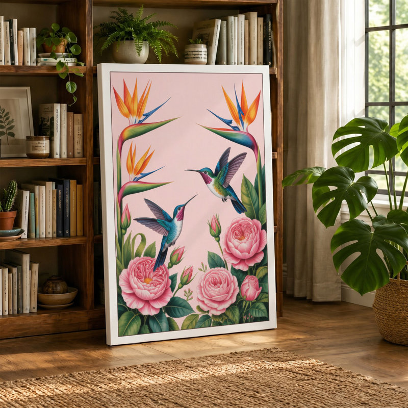 Hummingbirds and Blooms Botanical - Wrapped Canvas, 36x24 - 91.4 x 61.0 cm, Cream Border