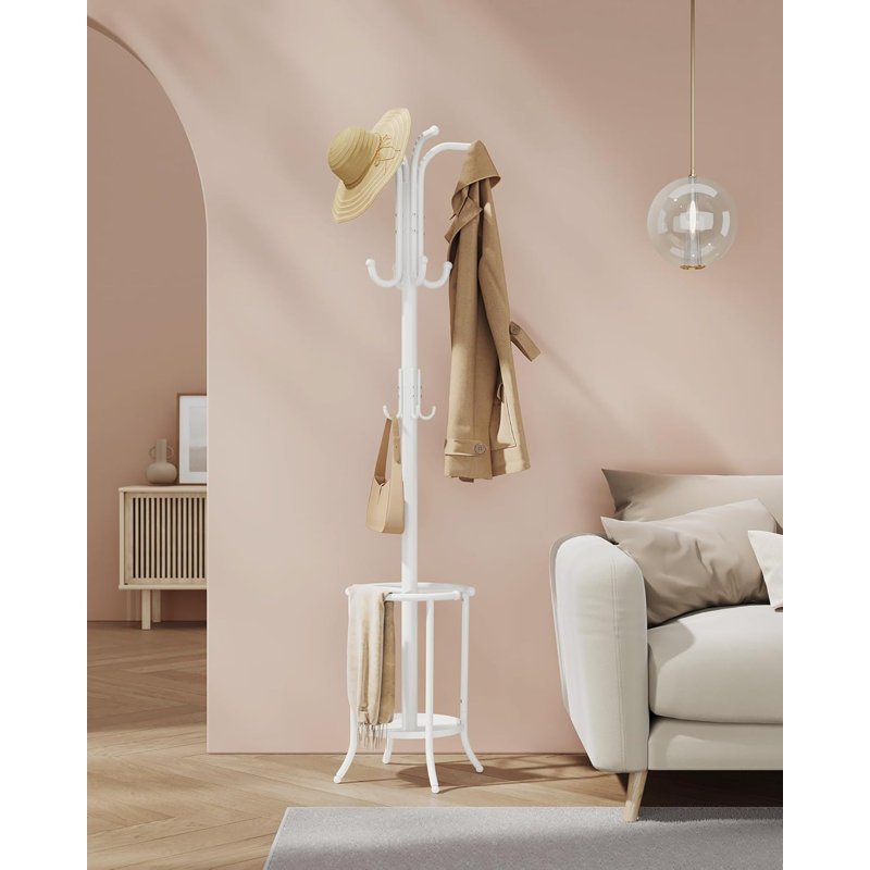 Coat Rack Freestanding, Coat Rack with Umbrella Holder with 12 Hooks, White