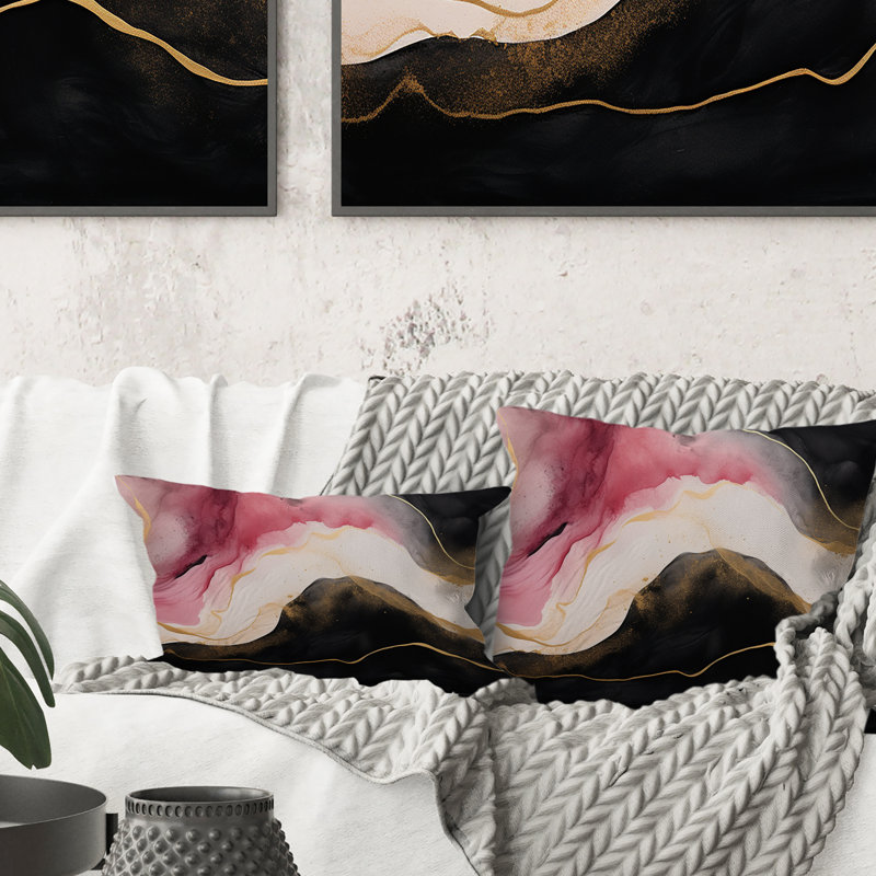 Abstrait, vague d'or rose et noir - Coussin décoratif avec peinture abstraite
