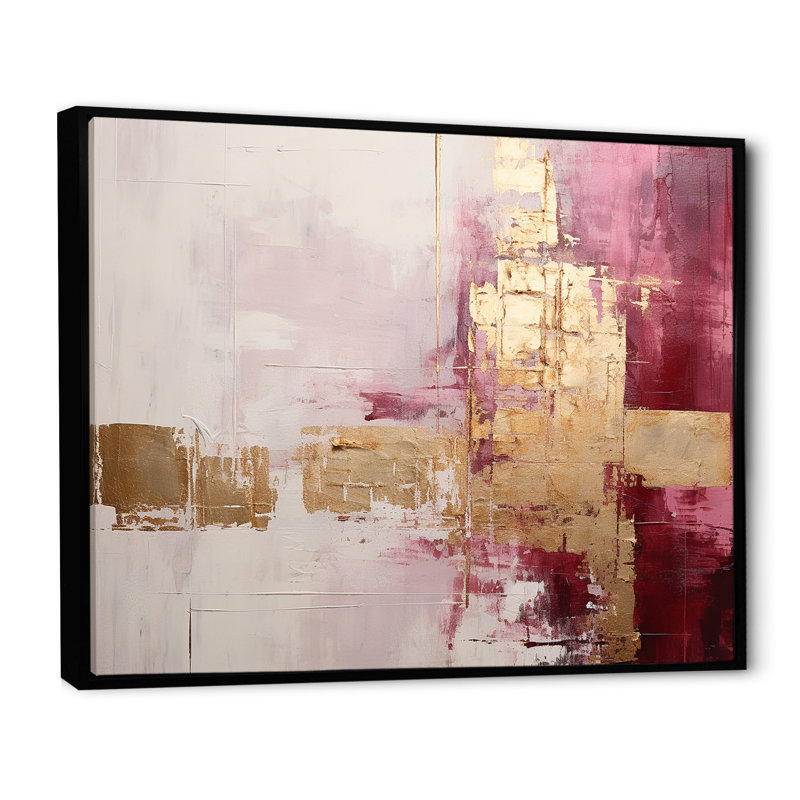Minimalisme, horizon rose et doré - peinture abstraite, art mural, H 34 po x l 44 po x P 1,5 po, Cadre flottant noir