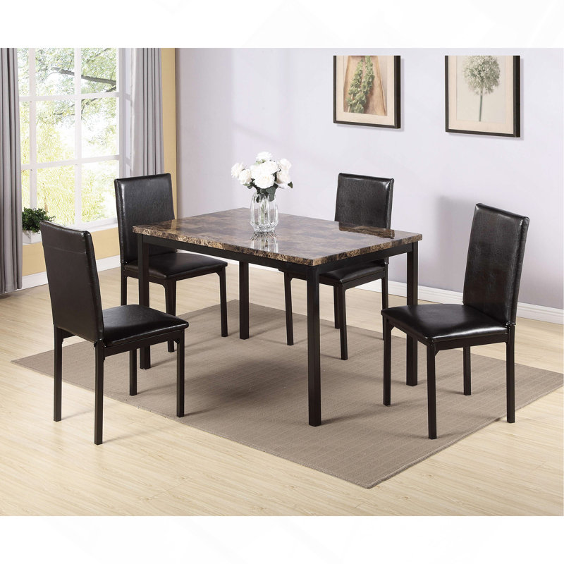 Ensemble de salle à manger en métal avec plateau en faux marbre 5 pièces Furniture - noir, ensemble de salle à manger, table et 4 chaises