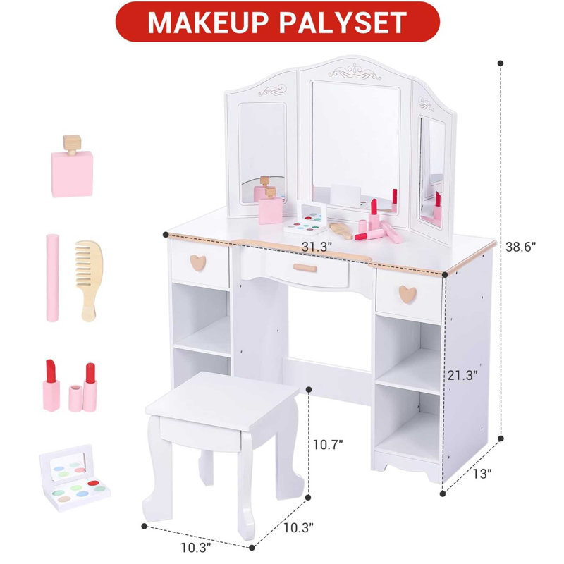Kids Vanity Table And Chair Set, Princess Makeup Vanity With Mirror And Drawer,Vanity Set With Pretend Wood Makeup Playset, For 3-9 Yr(White)