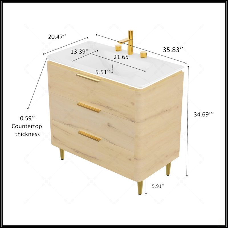Meuble-lavabo autoportant avec lavabo en pierre frittée, 3 tiroirs et mécanisme de fermeture en douceur pour un rangement élégant