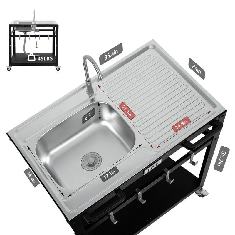 35" Stainless Steel Outdoor Sink with Shelf and Wheels