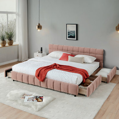 Hosea Size Upholstered Bed ,Comfortable Upholstered Bed Frame, Chenille Fabric, With Headboard And Solid Bed Frame. With Drawer For Storage.-Pink(90.5''*80.5''*31'')