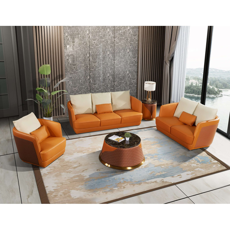 Glamour Leather Sofa, Orange/Brown Genuine Leather, 32.5" H x 87.5" W x 37.5" D, 3