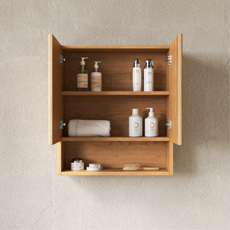 26" Wall-Mounted Striped Bathroom Cabinet, With Doors, Shelf And Open Storage Compartment Over The Toilet Storage Cabinet For Bathroom, Kitchen, Laundry Room, Natural Woodgrain Color