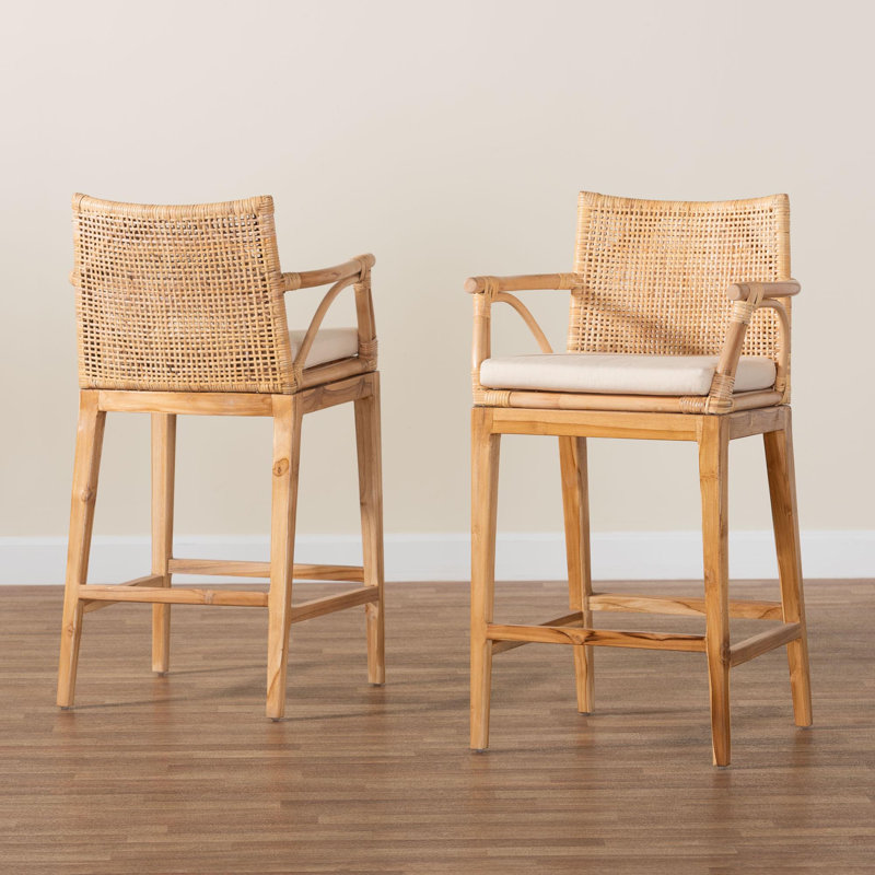 Birkley bali & pari Storsel Bohemian Natural Rattan and Teak Wood 2-Piece Bar Stool Set, Counter Stool(25.6" Seat Height)