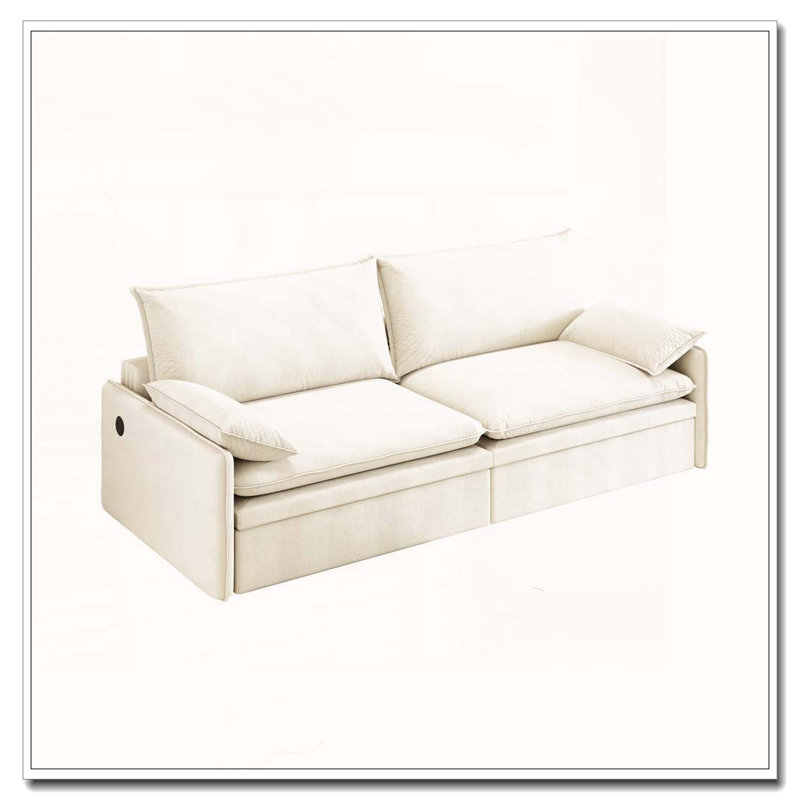 Canapé-lit 4 places avec rangement Cloud, port USB et coussin 2 en 1, Beige / chenille blanche