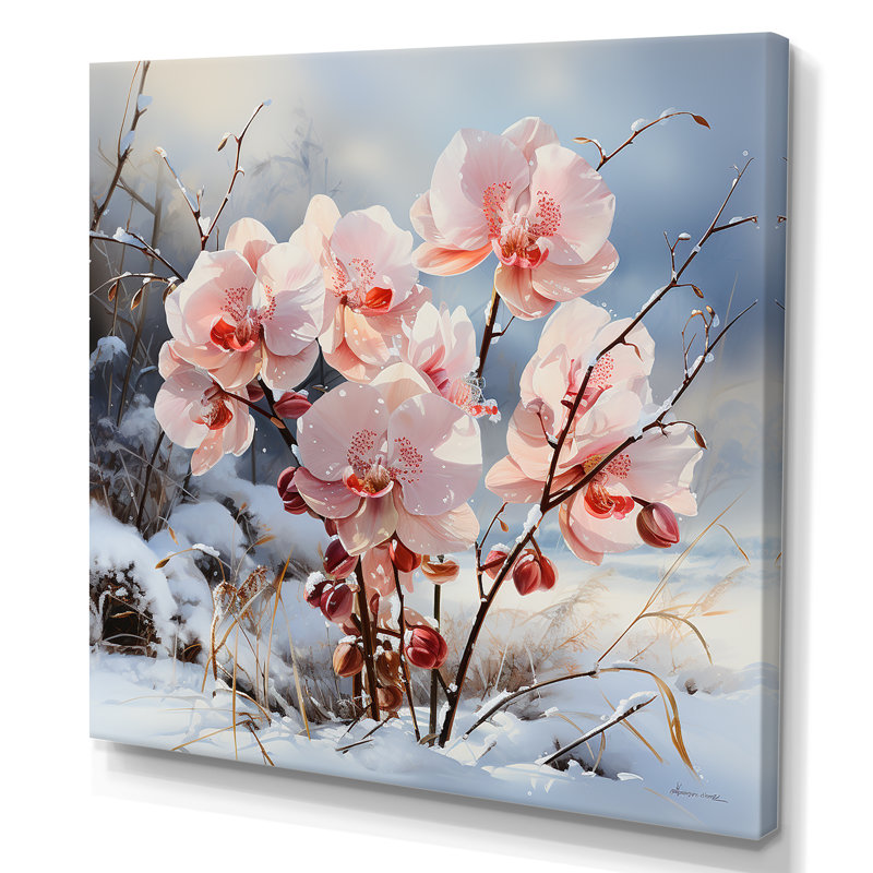 Charme d'orchidées roses en hiver, H 16 po x l 16 po x P 1 po, Toile tendue