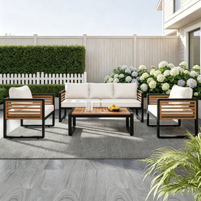 4-Pieces Patio Conversation Sofa Set With Removable Cushion Acacia, Wood Tabletop and Metal Frame