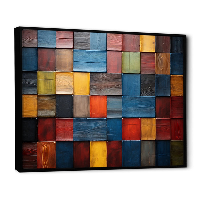 Carreaux colorés de couleurs terre V - art mural mosaïque Boho pour le salon, Cadre flottant noir
