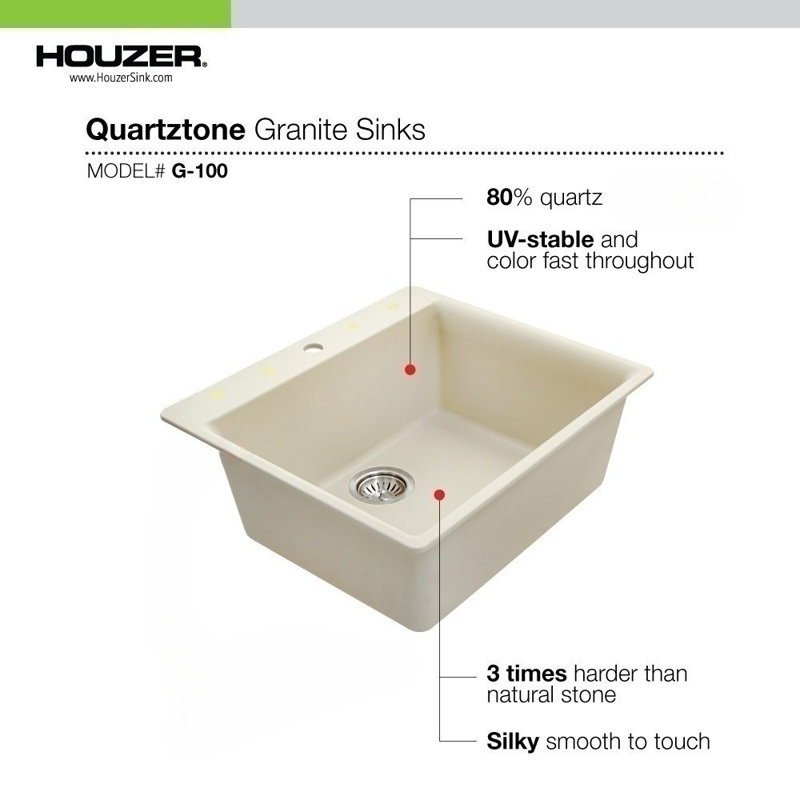 Houzer Quartztone 24 inch Granite Composite Topmount Single Bowl Kitchen Sink - G-100, Linen